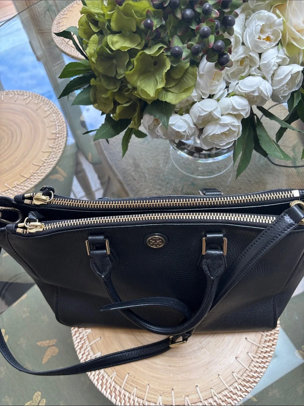 Tory Burch Robinson Double Zip Black Pebbled Leather Satchel Gold Hardware $575